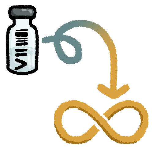 A drawing of a glass medicine vile with a curly arrow pointing to an autism infinity symbol. The vile has a v and bardcode on it. The arrow transitions in colour from blue to a rich yellow.  